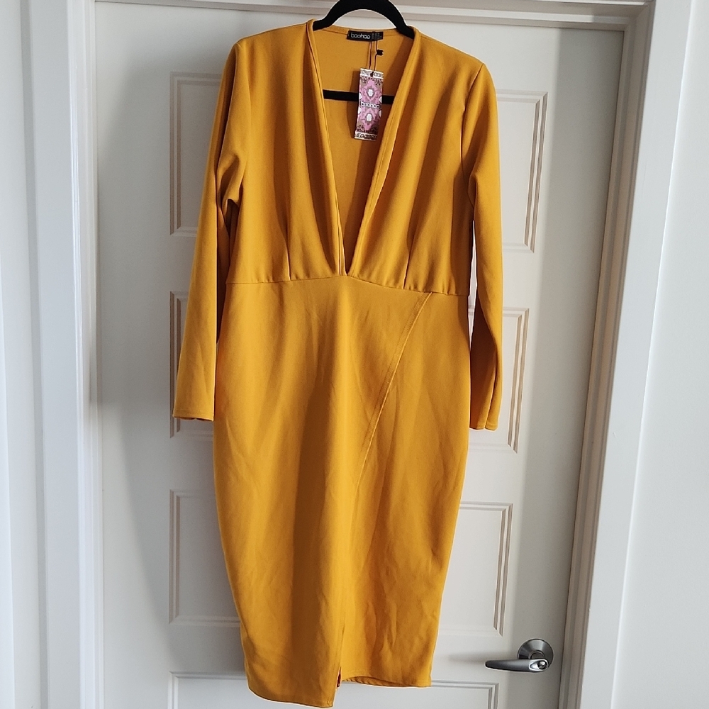 Boohoo Mustard Long Sleeve Dress